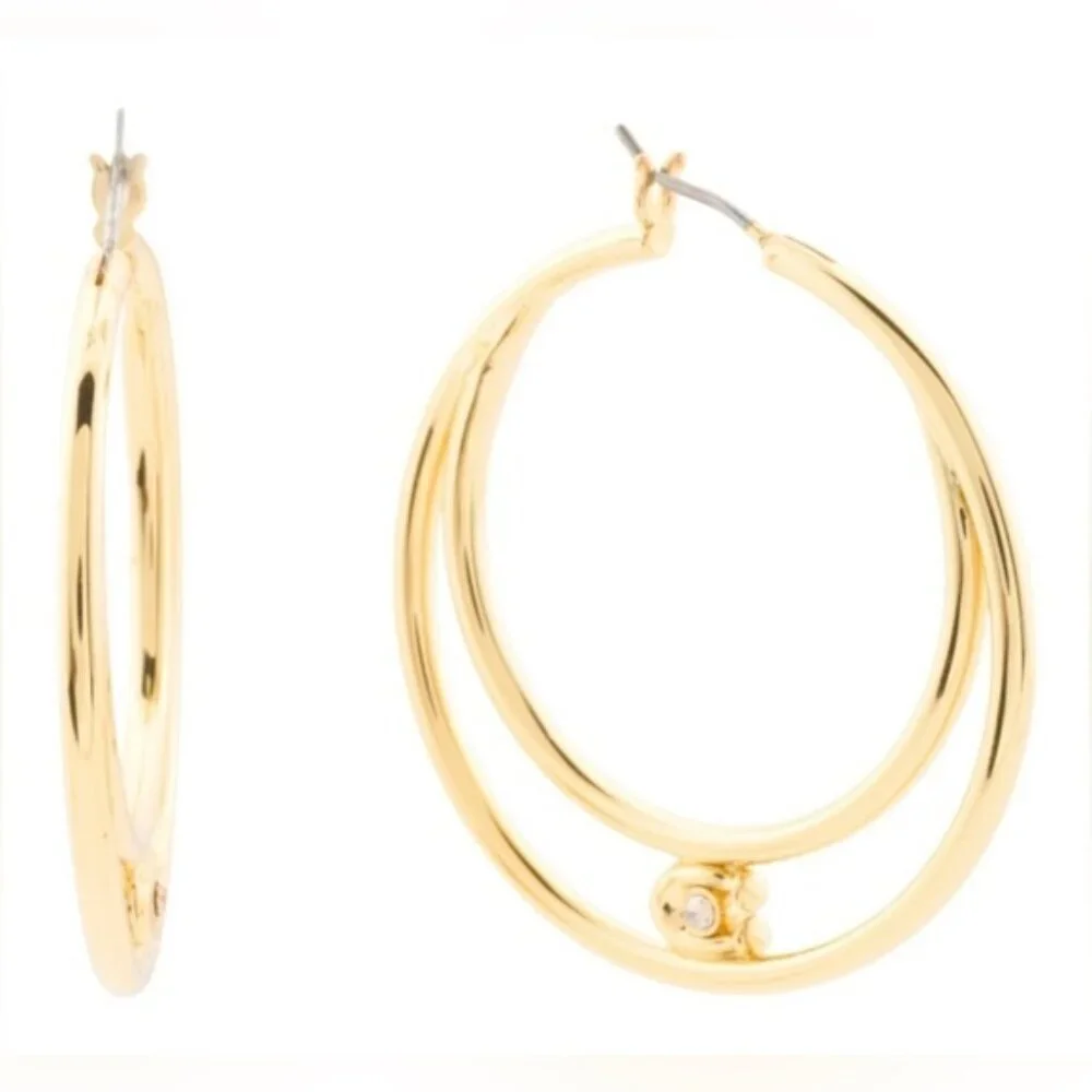 NWT COACH Women's Signature Double Hoop Gold Earrings with Cubic Zirconia Detail - Picture 5 of 11
